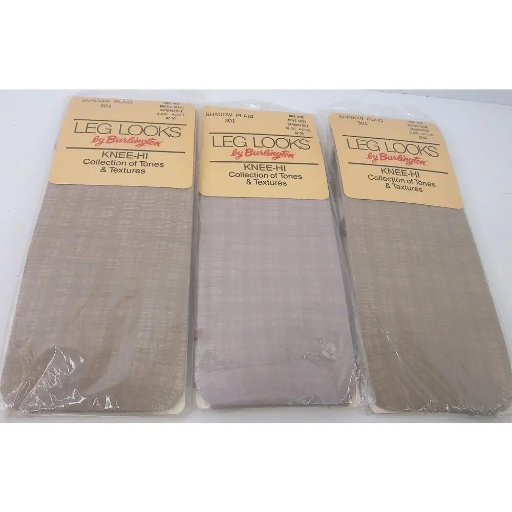Vtg Leg Looks By Burlington Knee Hi Collection Shadow Plaid Grey Olive Set 3